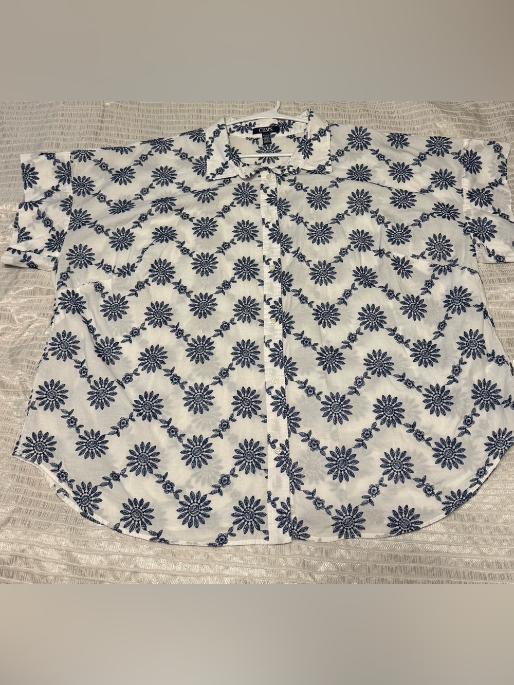 Chaps Womens Blouse 3X White Navy Blue Floral Embroidered Button Down Shirt Top